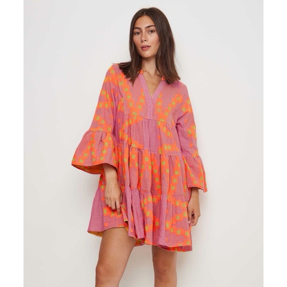 Devotion Twins Ella Greek Jacquard Mini Dress Pink Orange Green Boho Tiered S